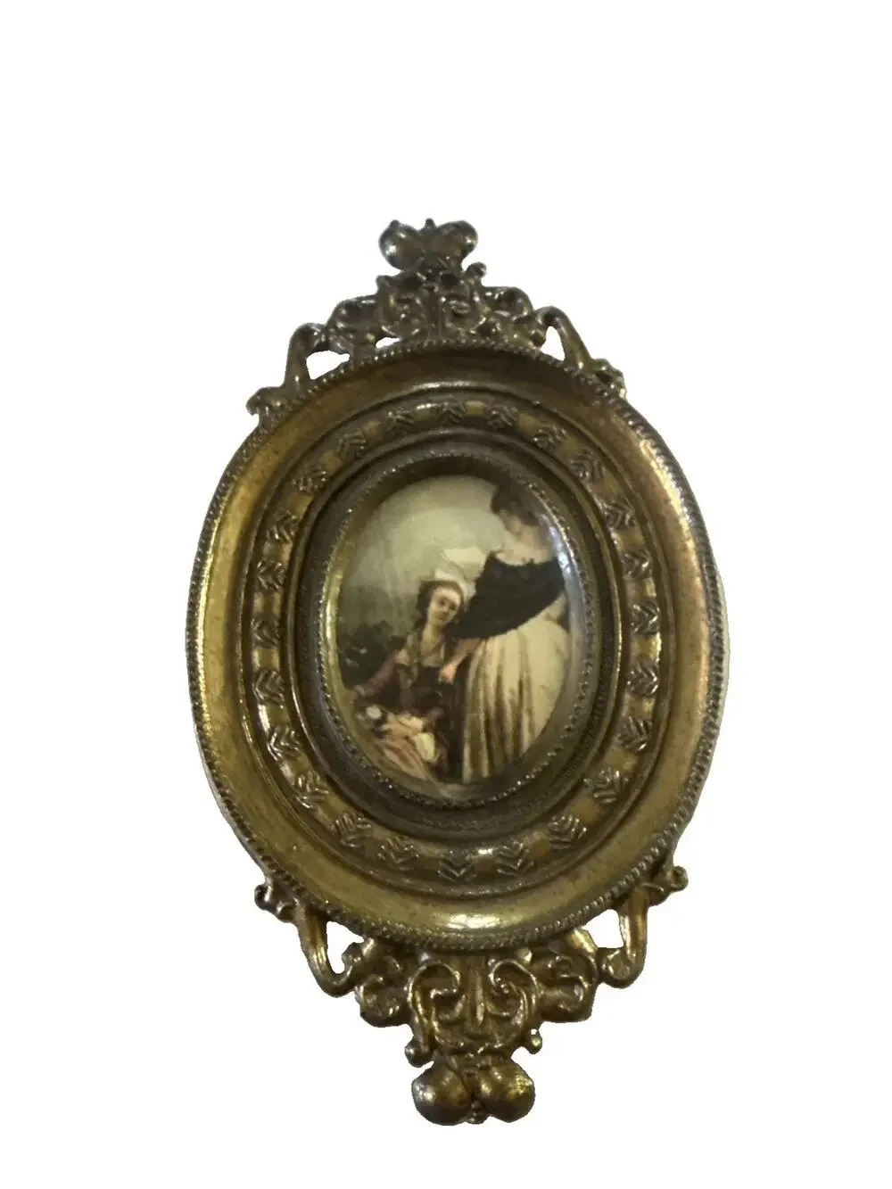 Vintage Italian Miniature Portrait in Ornate Brass Frame 4.5” x 3”